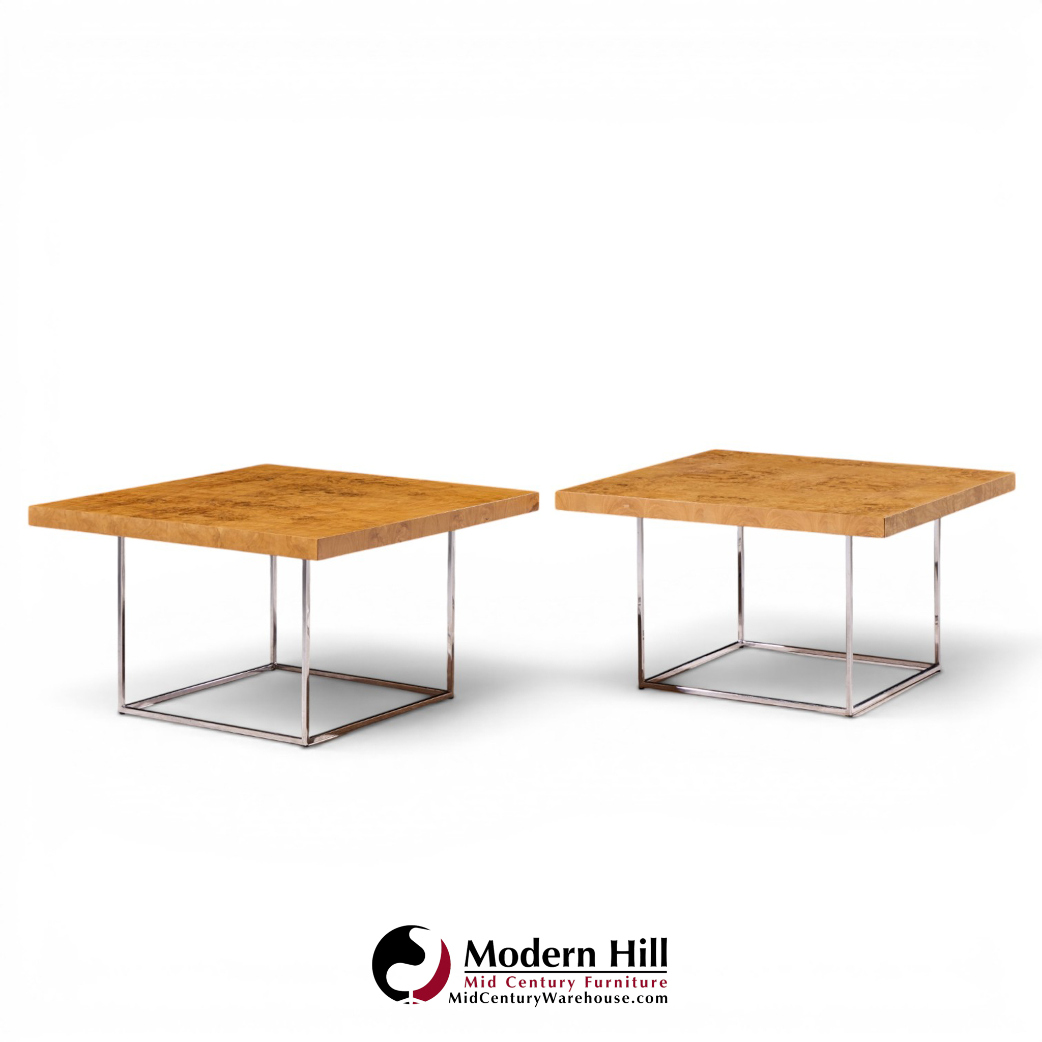 milo baughman for thayer coggin style mid century burlwood and chrome side tables - pair