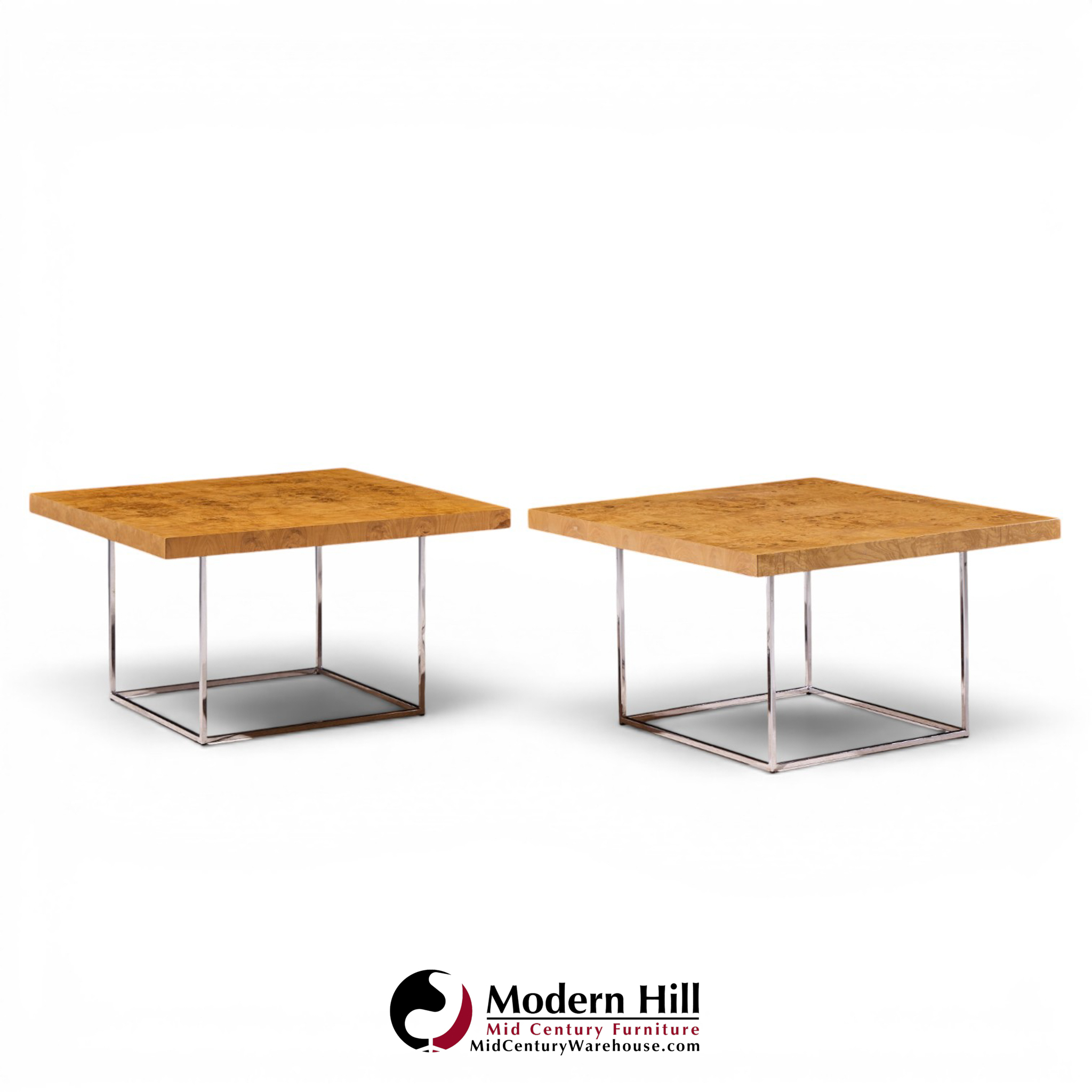 milo baughman for thayer coggin style mid century burlwood and chrome side tables - pair