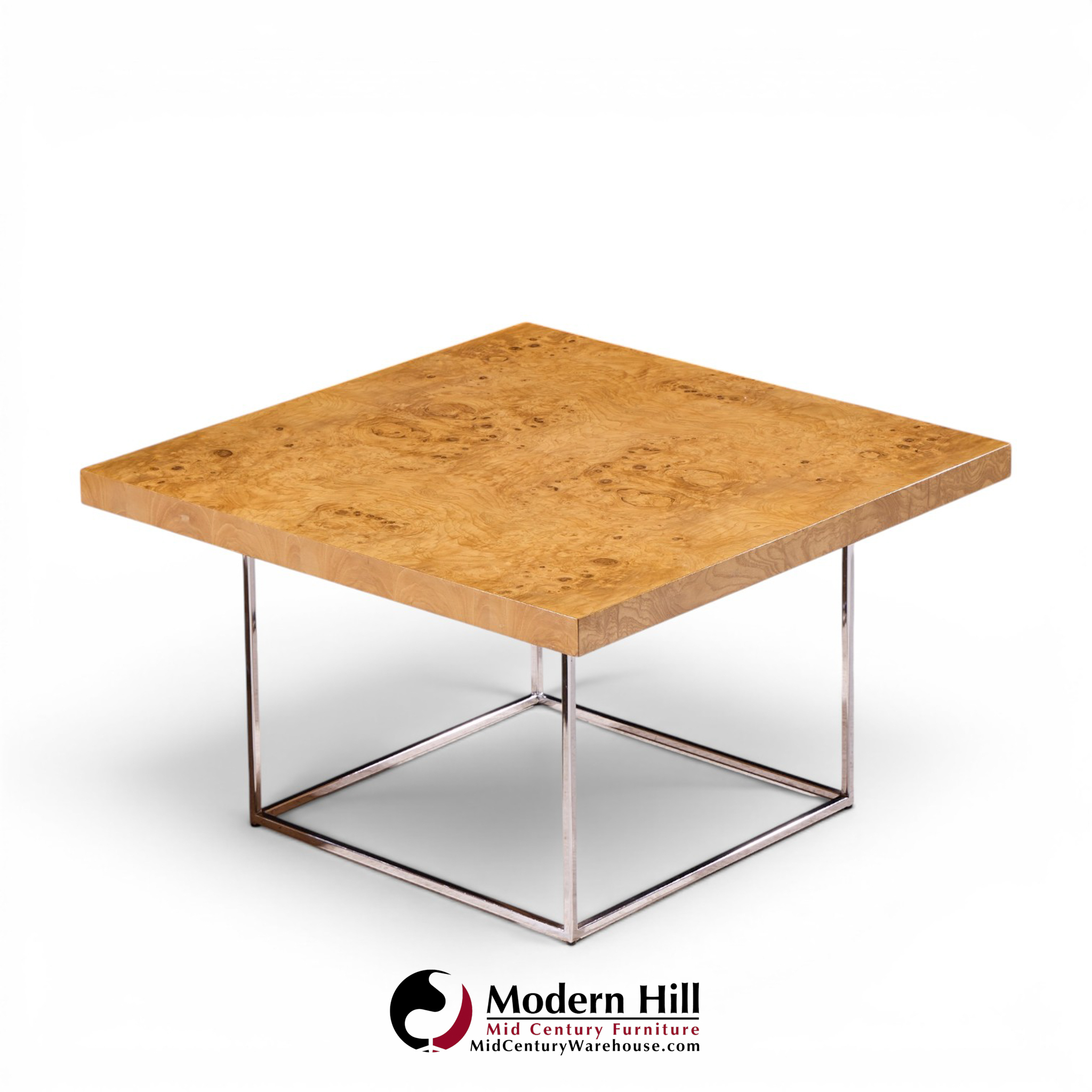 milo baughman for thayer coggin style mid century burlwood and chrome side tables - pair