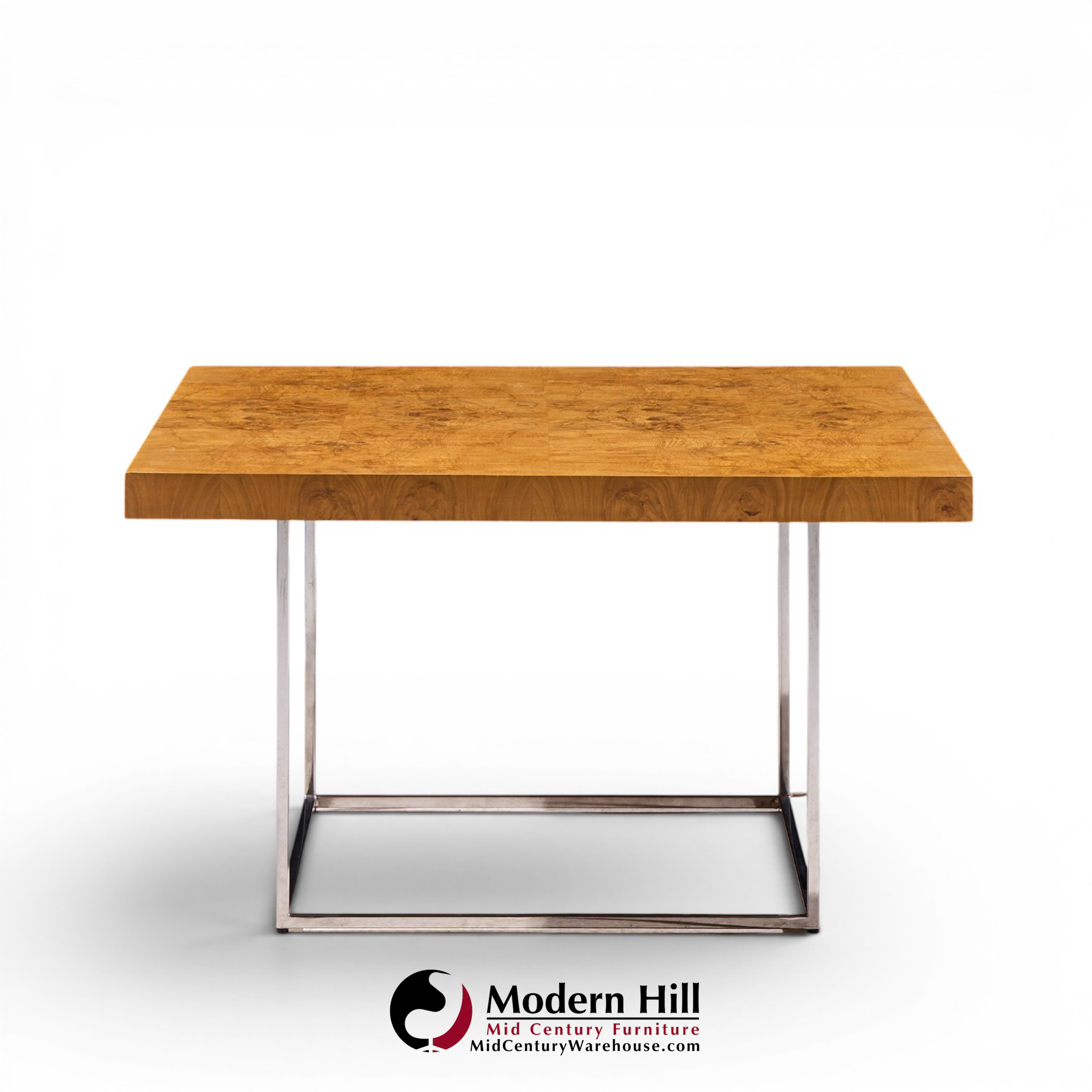 milo baughman for thayer coggin style mid century burlwood and chrome side tables - pair