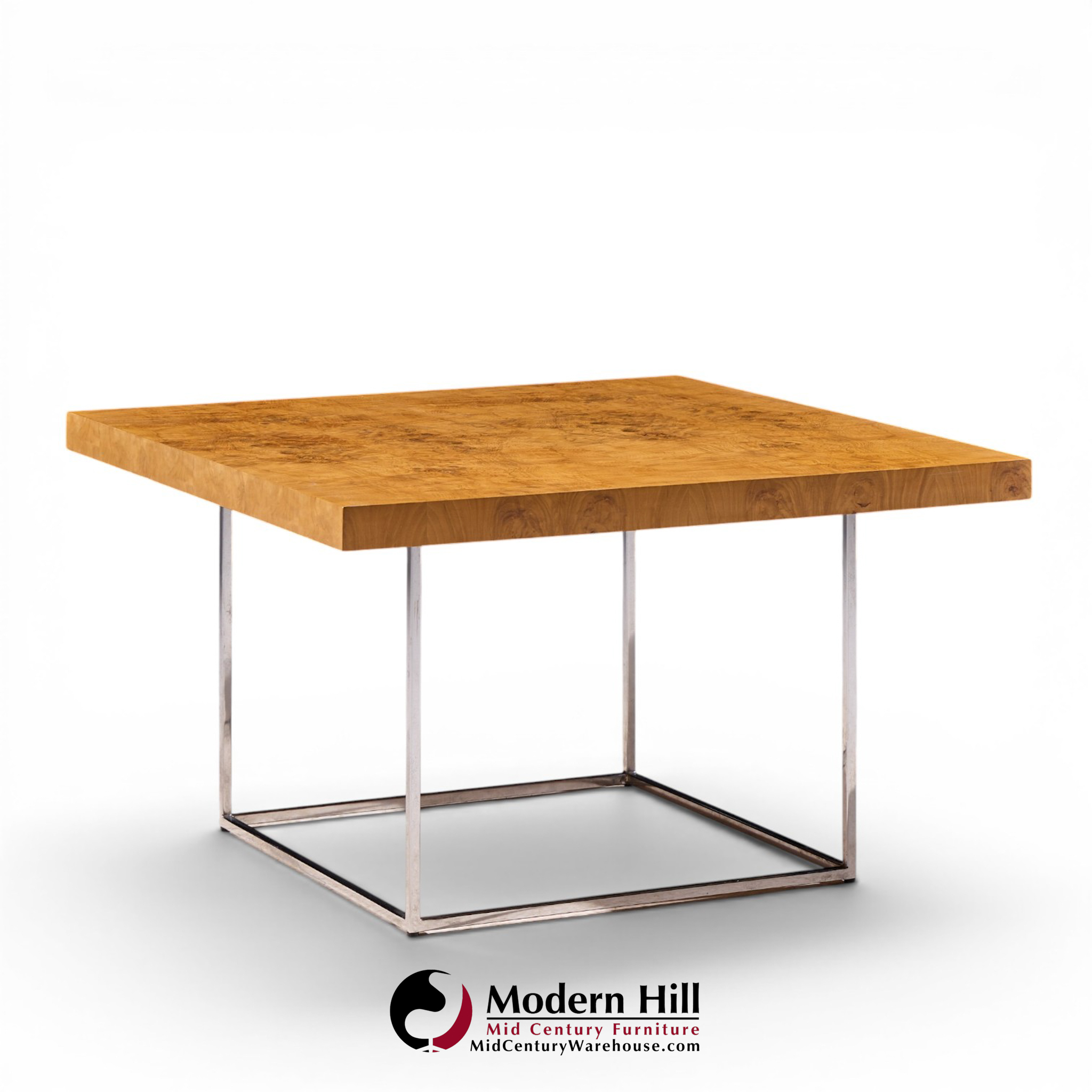milo baughman for thayer coggin style mid century burlwood and chrome side tables - pair