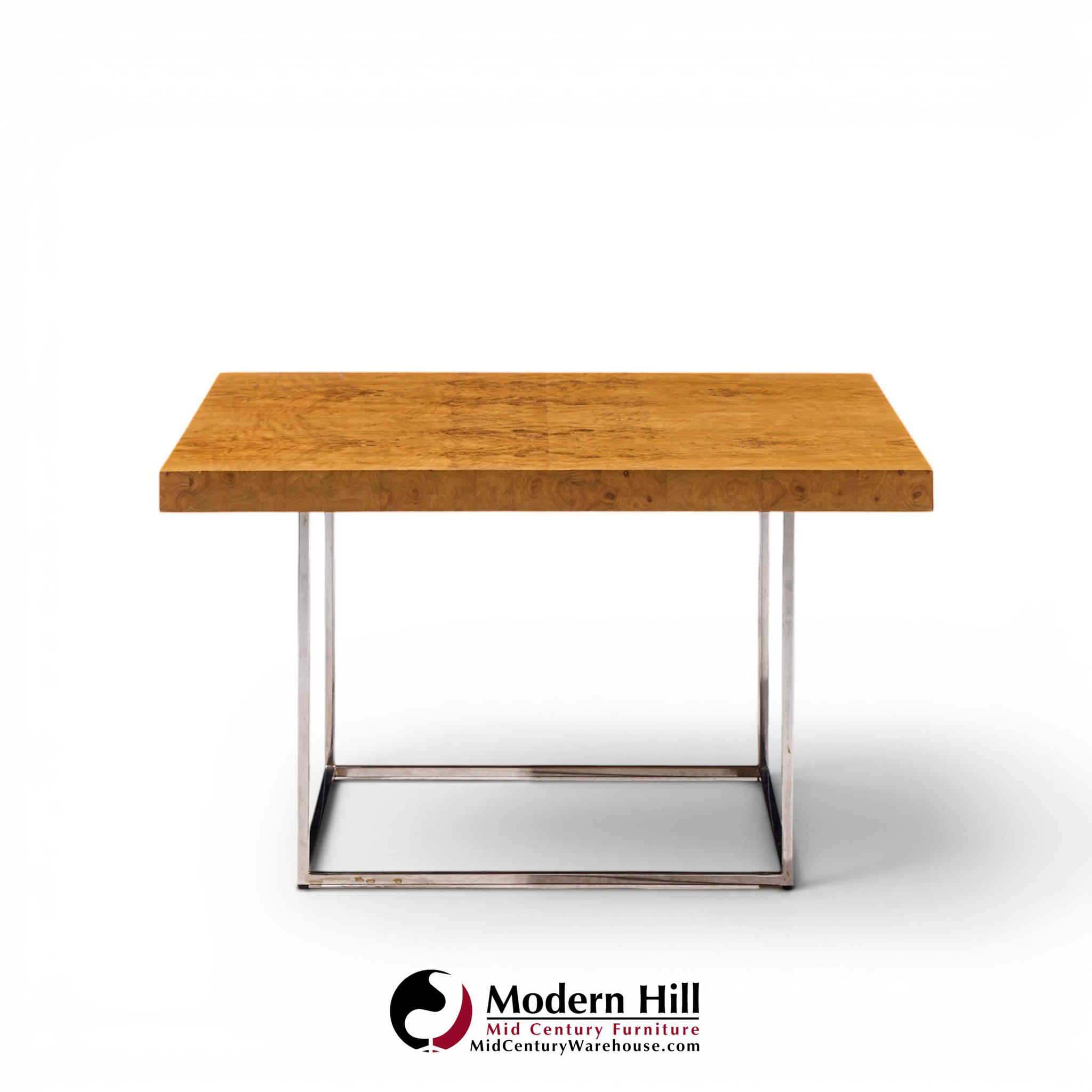 milo baughman for thayer coggin style mid century burlwood and chrome side tables - pair