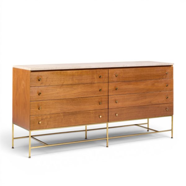 paul mccobb for calvin irwin collection mid century mahogany, brass and travertine double dresser