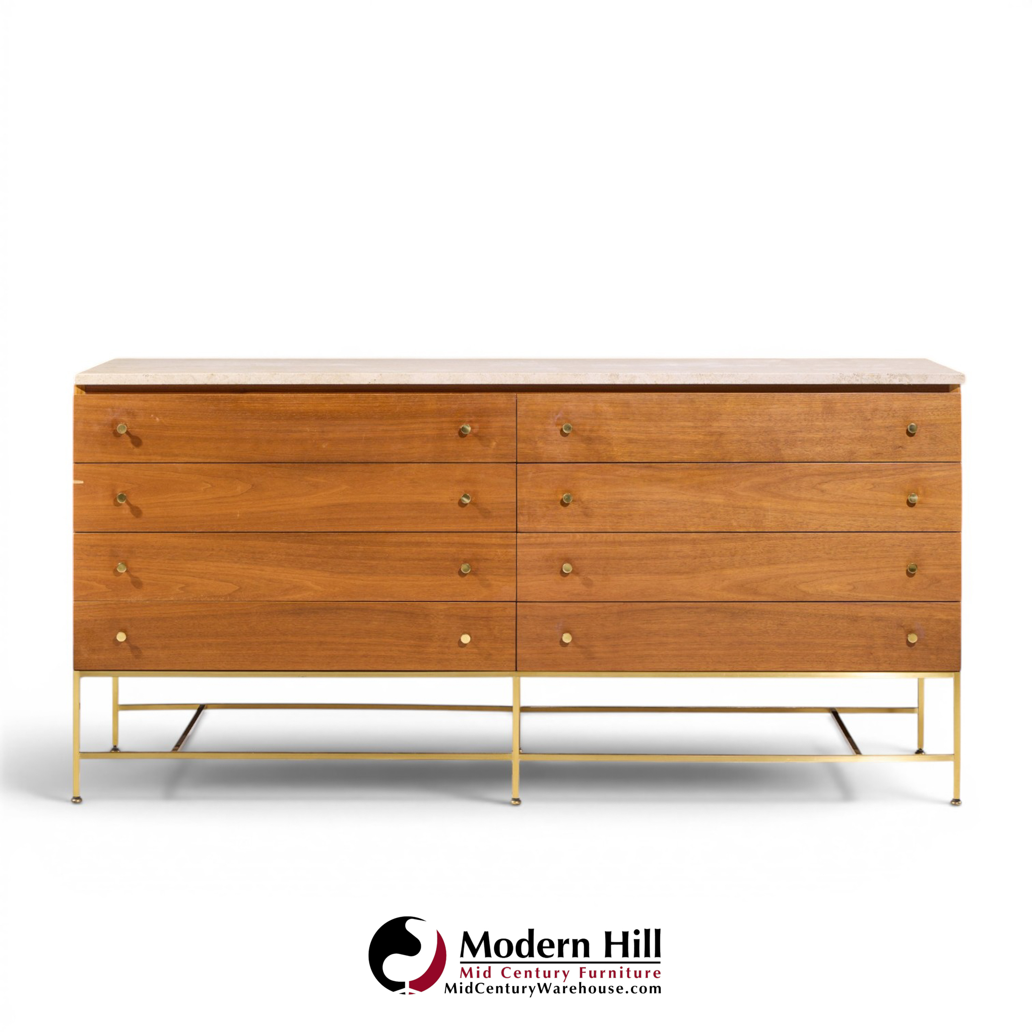 paul mccobb for calvin irwin collection mid century mahogany, brass and travertine double dresser