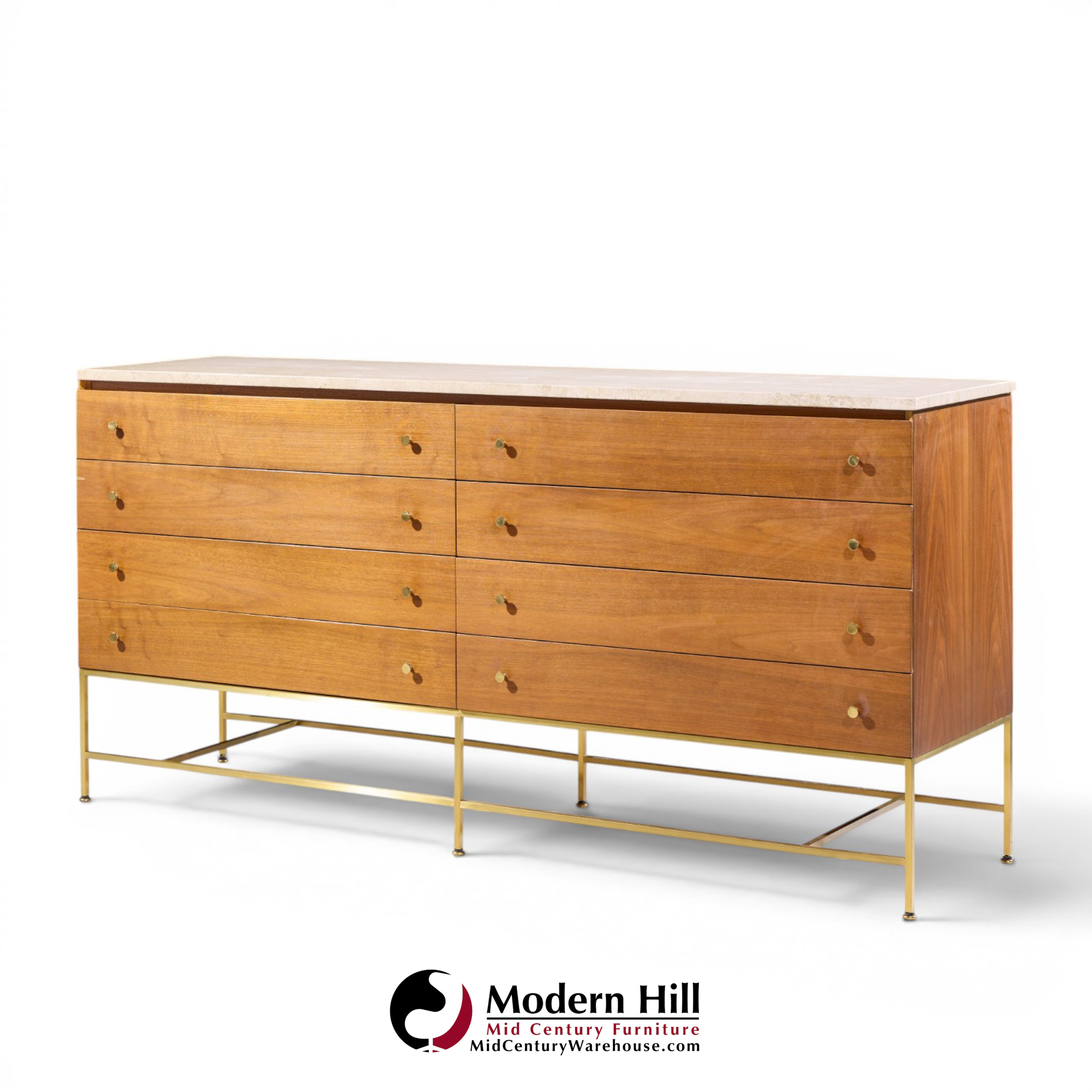 paul mccobb for calvin irwin collection mid century mahogany, brass and travertine double dresser
