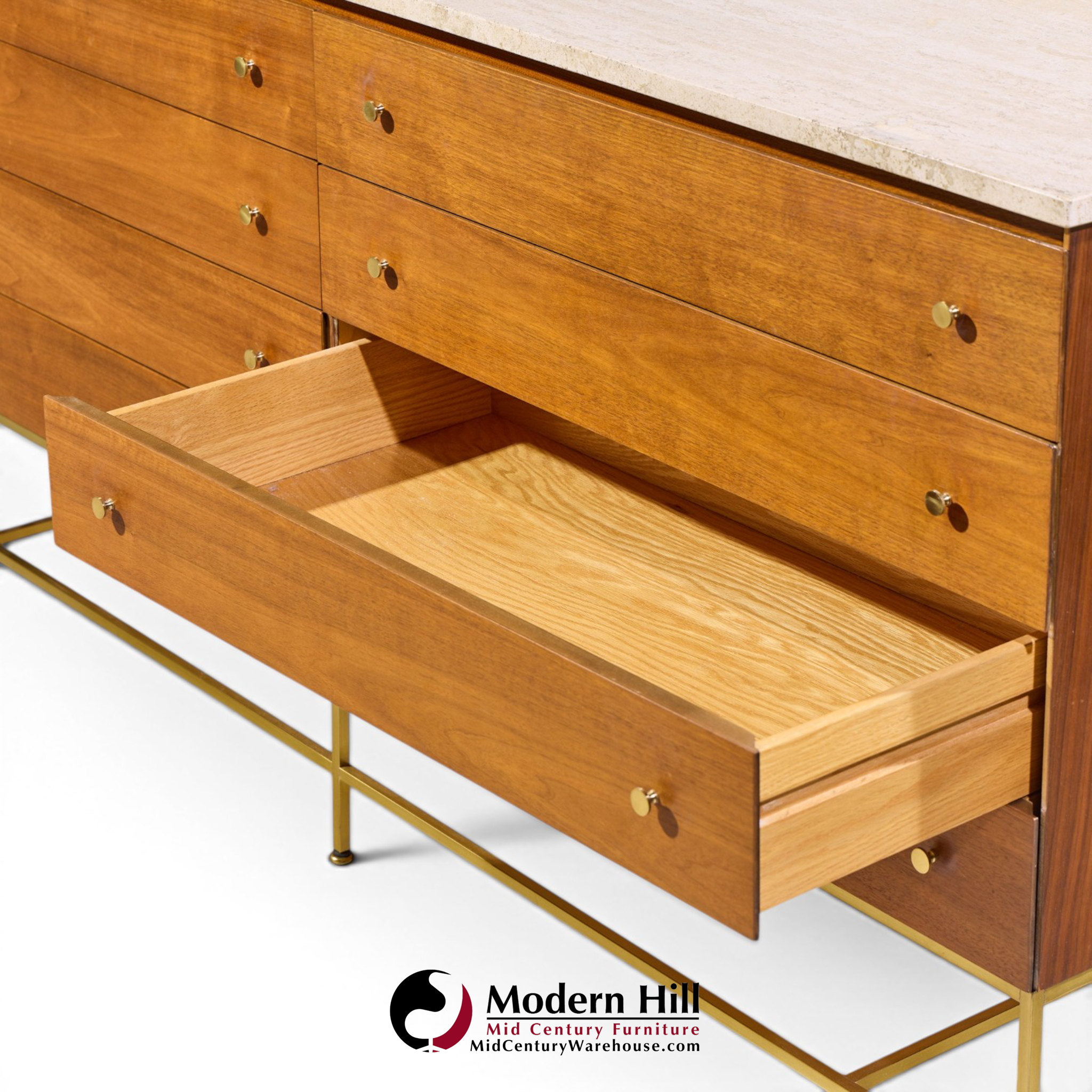 paul mccobb for calvin irwin collection mid century mahogany, brass and travertine double dresser