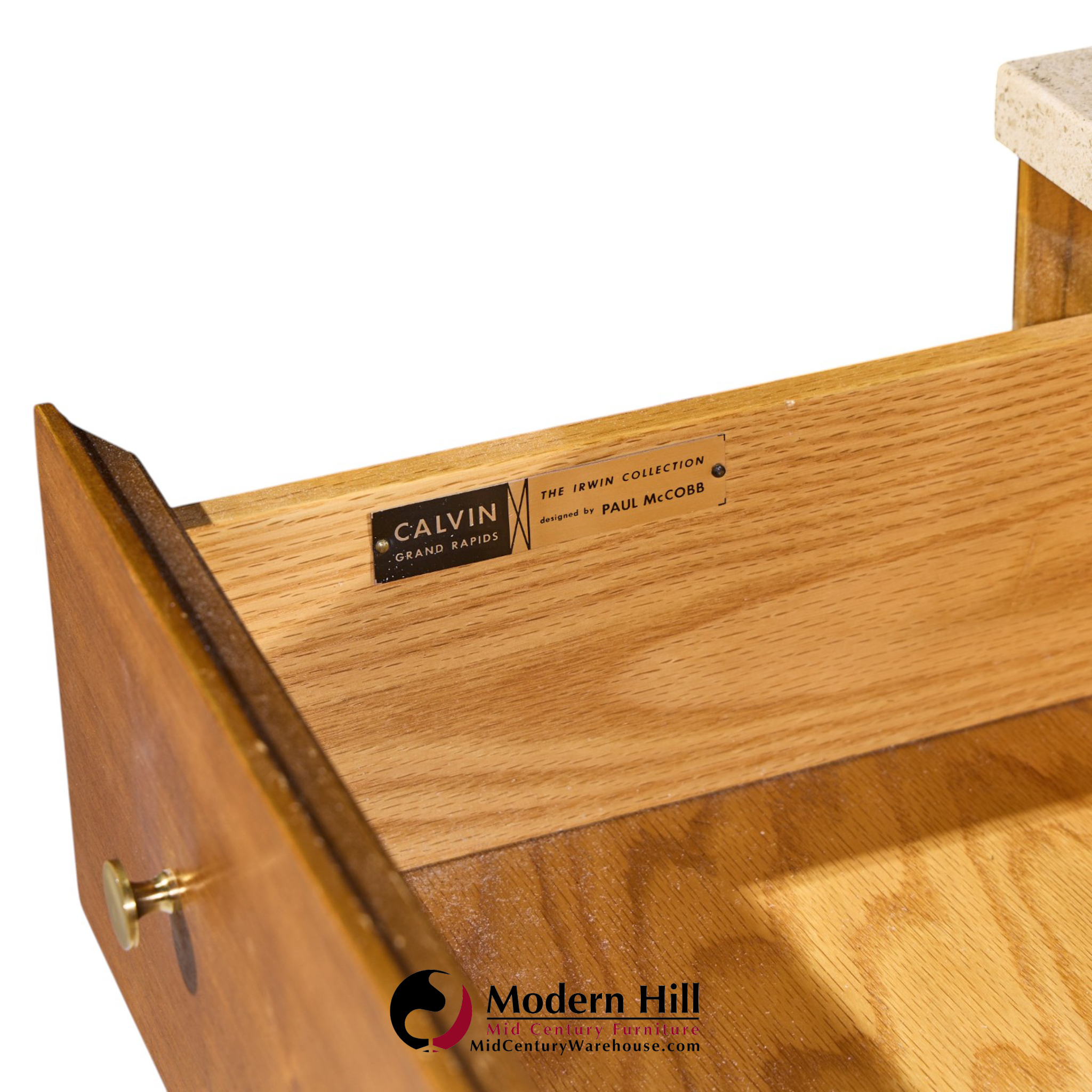 paul mccobb for calvin irwin collection mid century mahogany, brass and travertine double dresser