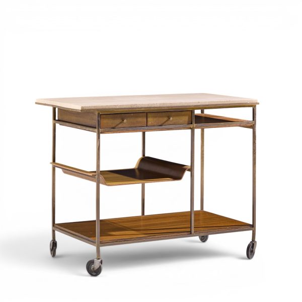 paul mccobb for calvin irwin collection mid century travertine, brass and mahogany bar cart