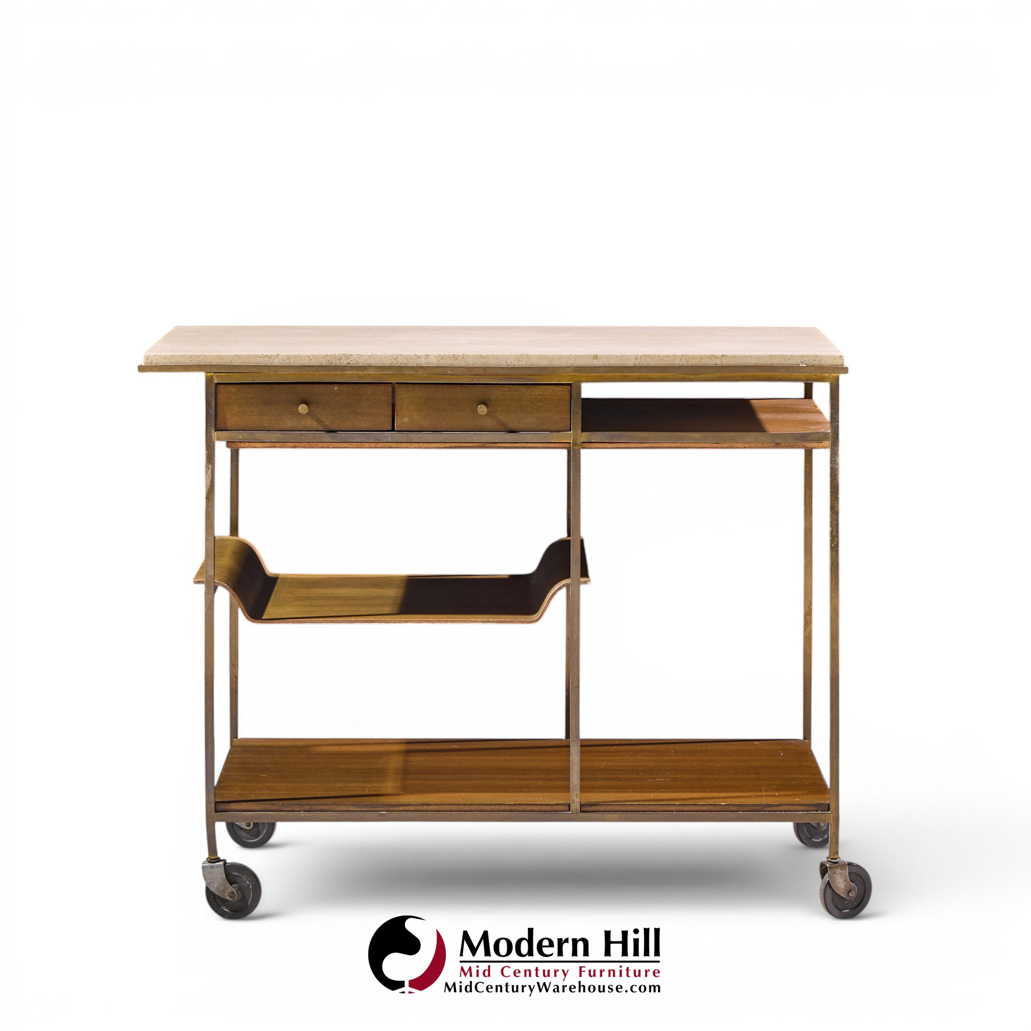 paul mccobb for calvin irwin collection mid century travertine, brass and mahogany bar cart