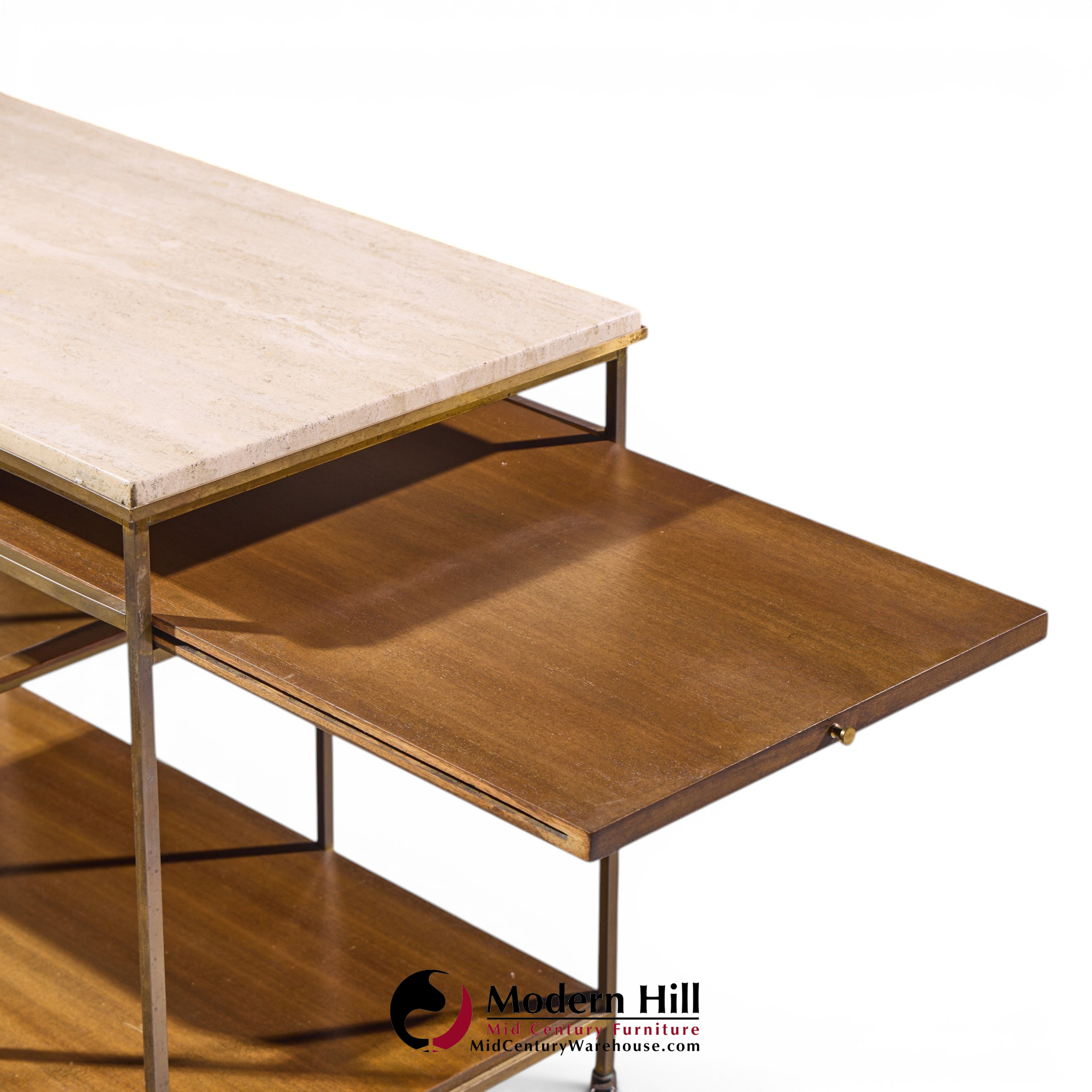 paul mccobb for calvin irwin collection mid century travertine, brass and mahogany bar cart