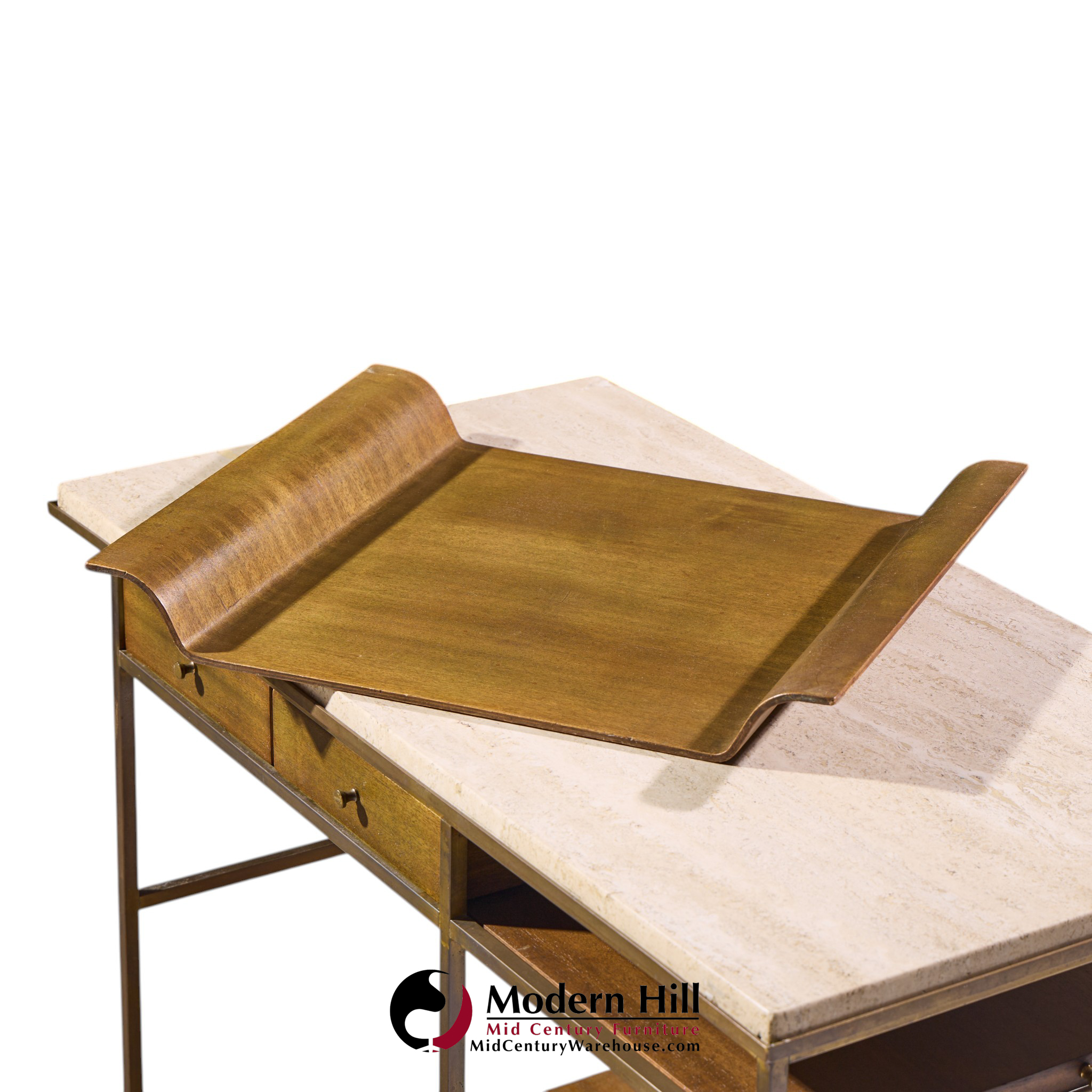 paul mccobb for calvin irwin collection mid century travertine, brass and mahogany bar cart