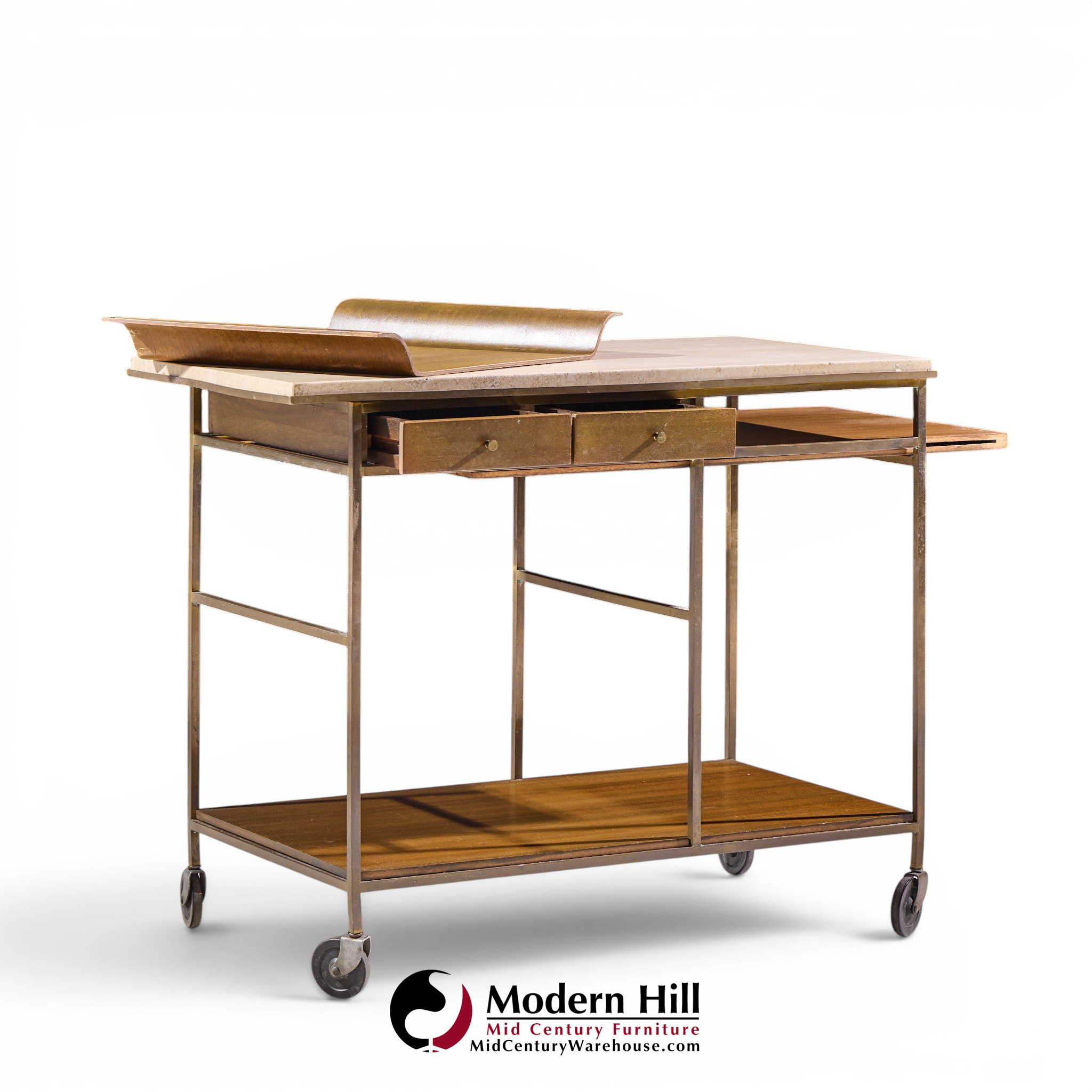 paul mccobb for calvin irwin collection mid century travertine, brass and mahogany bar cart