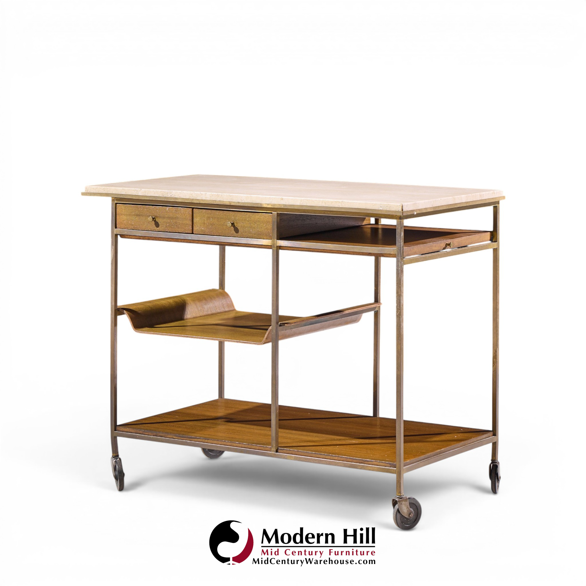 paul mccobb for calvin irwin collection mid century travertine, brass and mahogany bar cart
