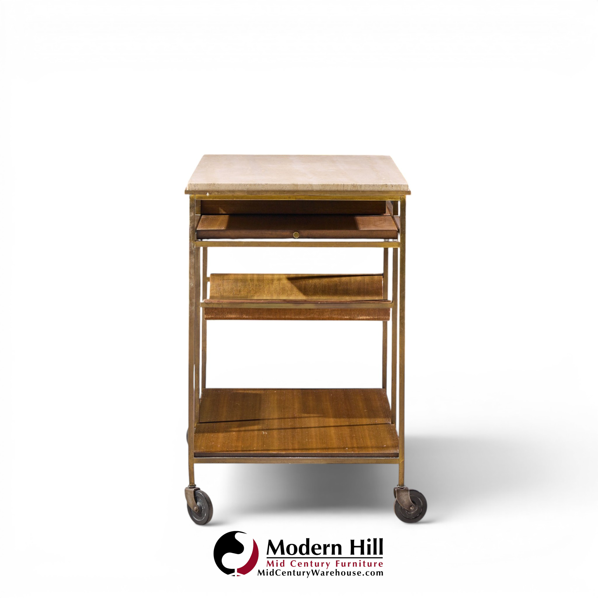 paul mccobb for calvin irwin collection mid century travertine, brass and mahogany bar cart