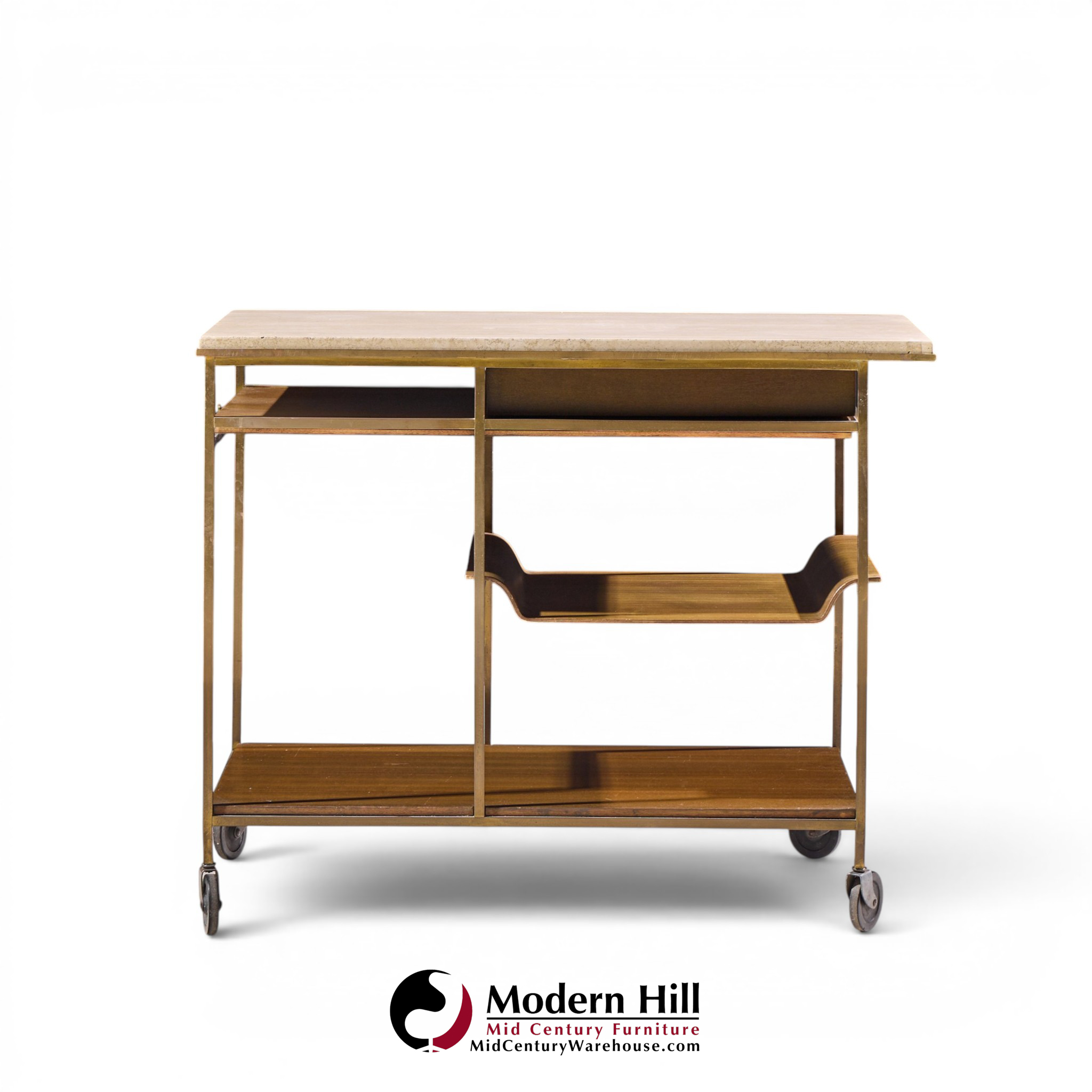 paul mccobb for calvin irwin collection mid century travertine, brass and mahogany bar cart