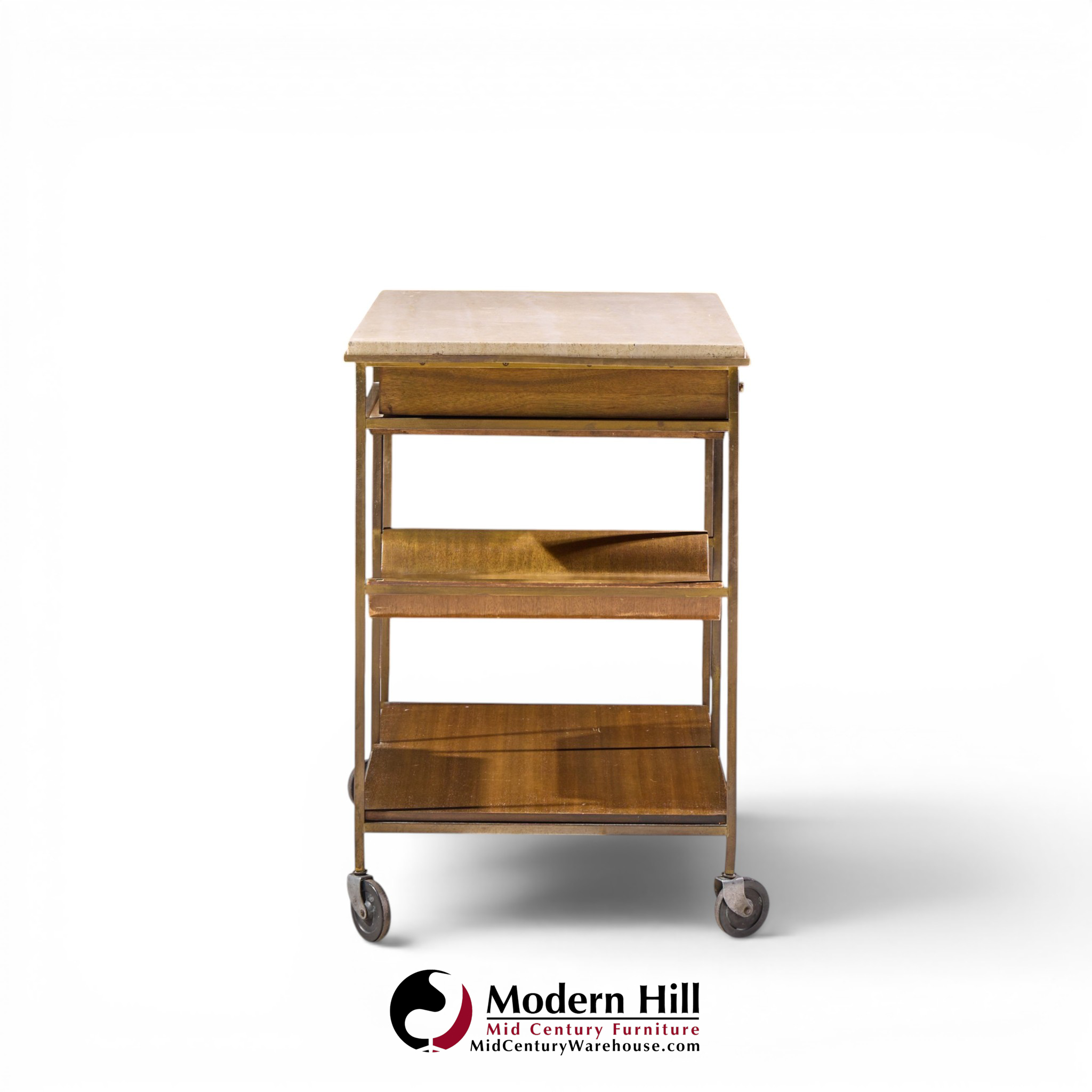paul mccobb for calvin irwin collection mid century travertine, brass and mahogany bar cart