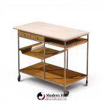 paul mccobb for calvin irwin collection mid century travertine, brass and mahogany bar cart