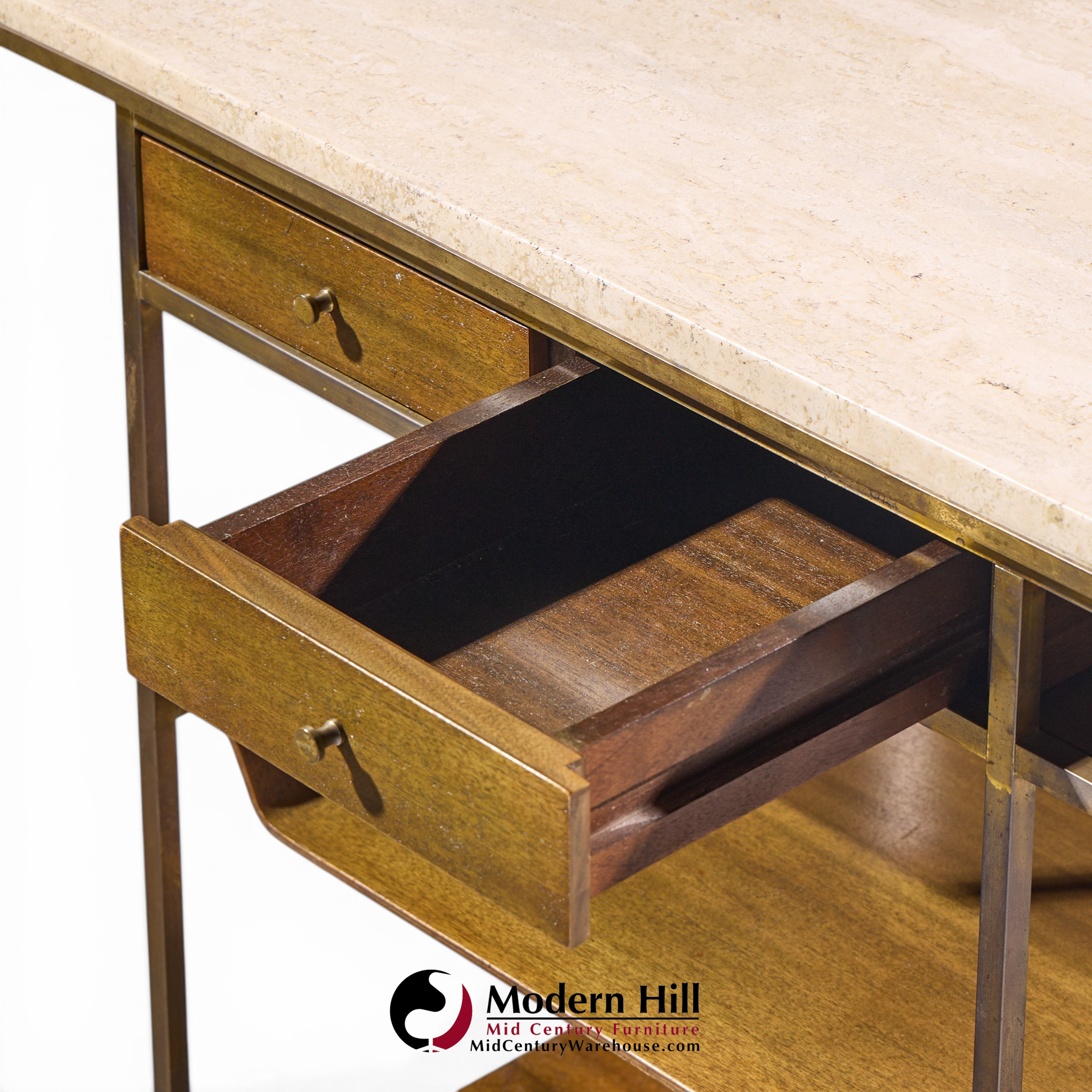 paul mccobb for calvin irwin collection mid century travertine, brass and mahogany bar cart