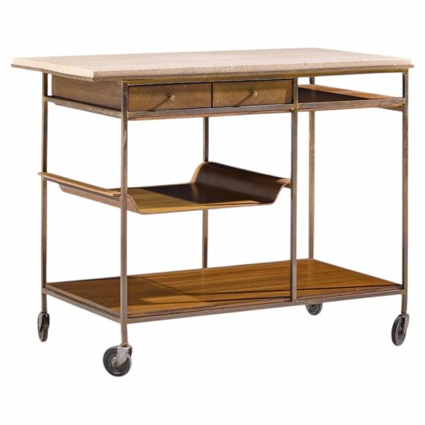 paul mccobb for calvin irwin collection mid century travertine, brass and mahogany bar cart
