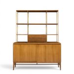 paul mccobb for calvin mid century walnut and brass room divider credenza with hutch