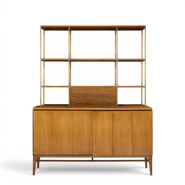 paul mccobb for calvin mid century walnut and brass room divider credenza with hutch