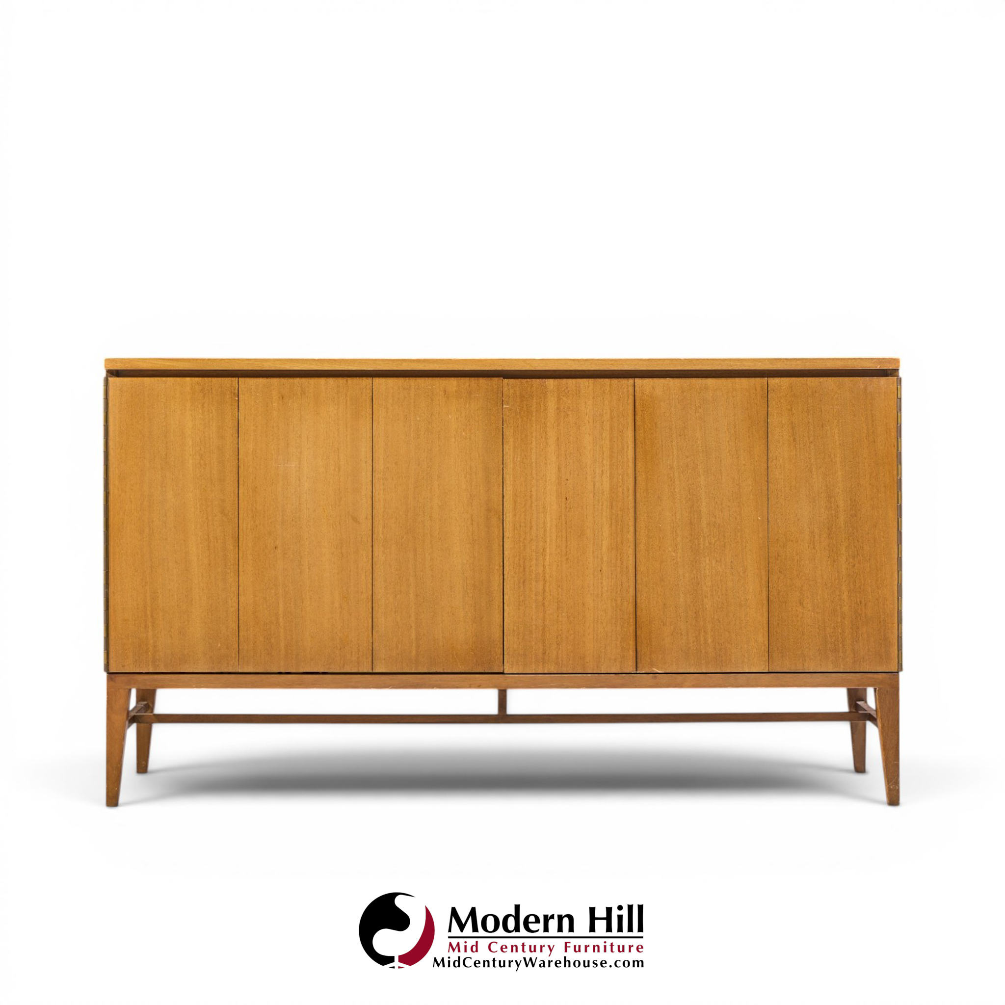 paul mccobb for calvin mid century walnut and brass room divider credenza with hutch