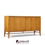 paul mccobb for calvin mid century walnut and brass room divider credenza with hutch