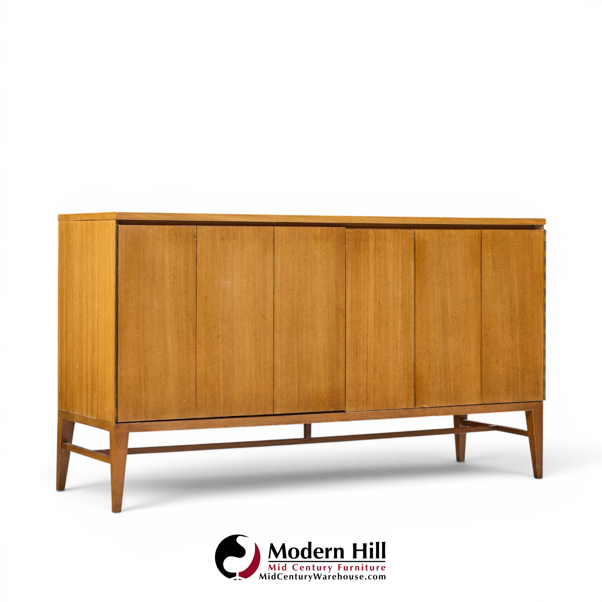 paul mccobb for calvin mid century walnut and brass room divider credenza with hutch
