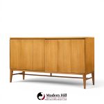 paul mccobb for calvin mid century walnut and brass room divider credenza with hutch
