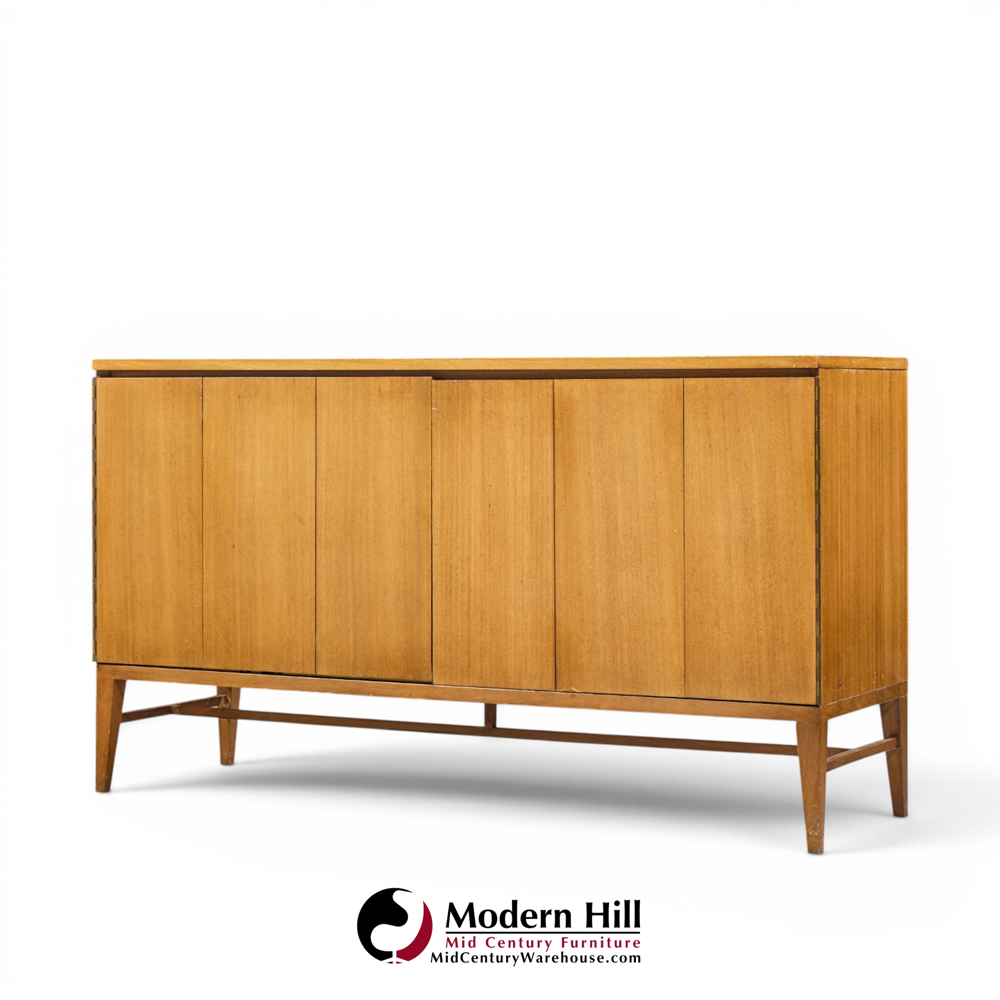 paul mccobb for calvin mid century walnut and brass room divider credenza with hutch