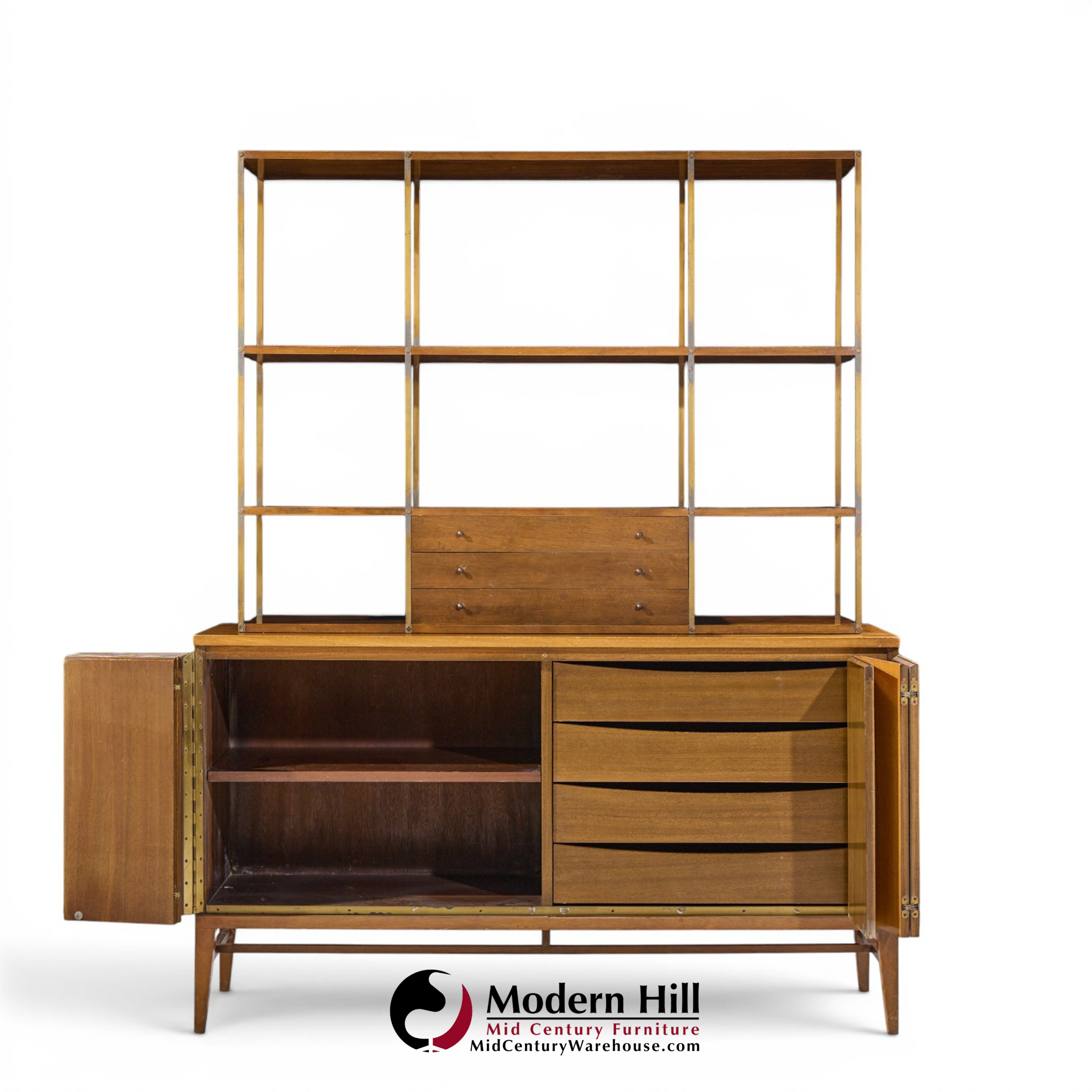 paul mccobb for calvin mid century walnut and brass room divider credenza with hutch