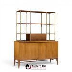 paul mccobb for calvin mid century walnut and brass room divider credenza with hutch