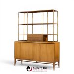 paul mccobb for calvin mid century walnut and brass room divider credenza with hutch