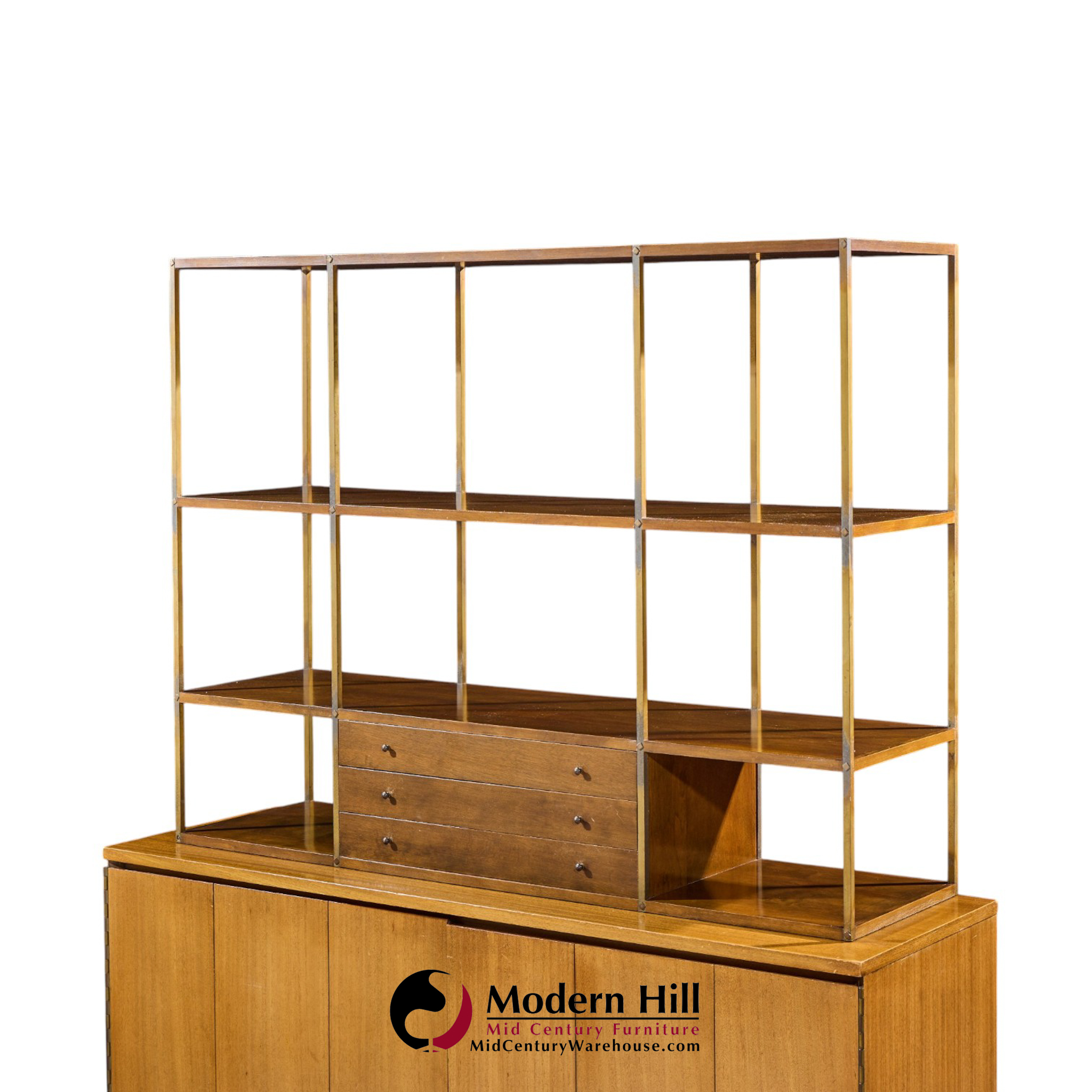 paul mccobb for calvin mid century walnut and brass room divider credenza with hutch