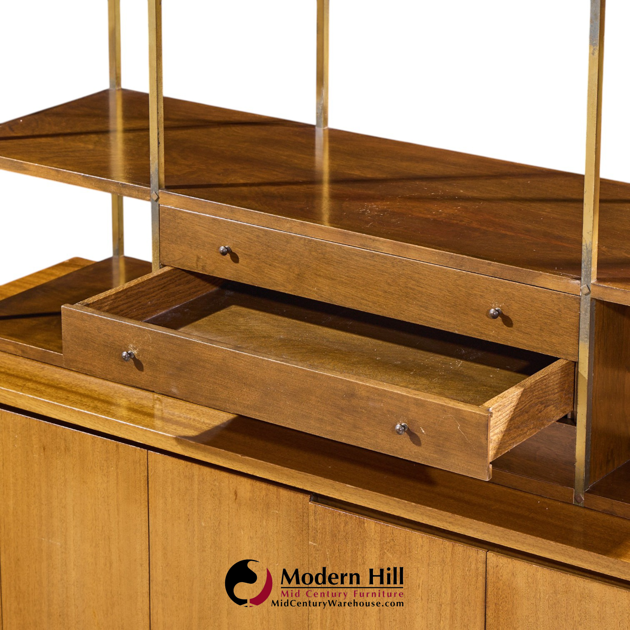 paul mccobb for calvin mid century walnut and brass room divider credenza with hutch