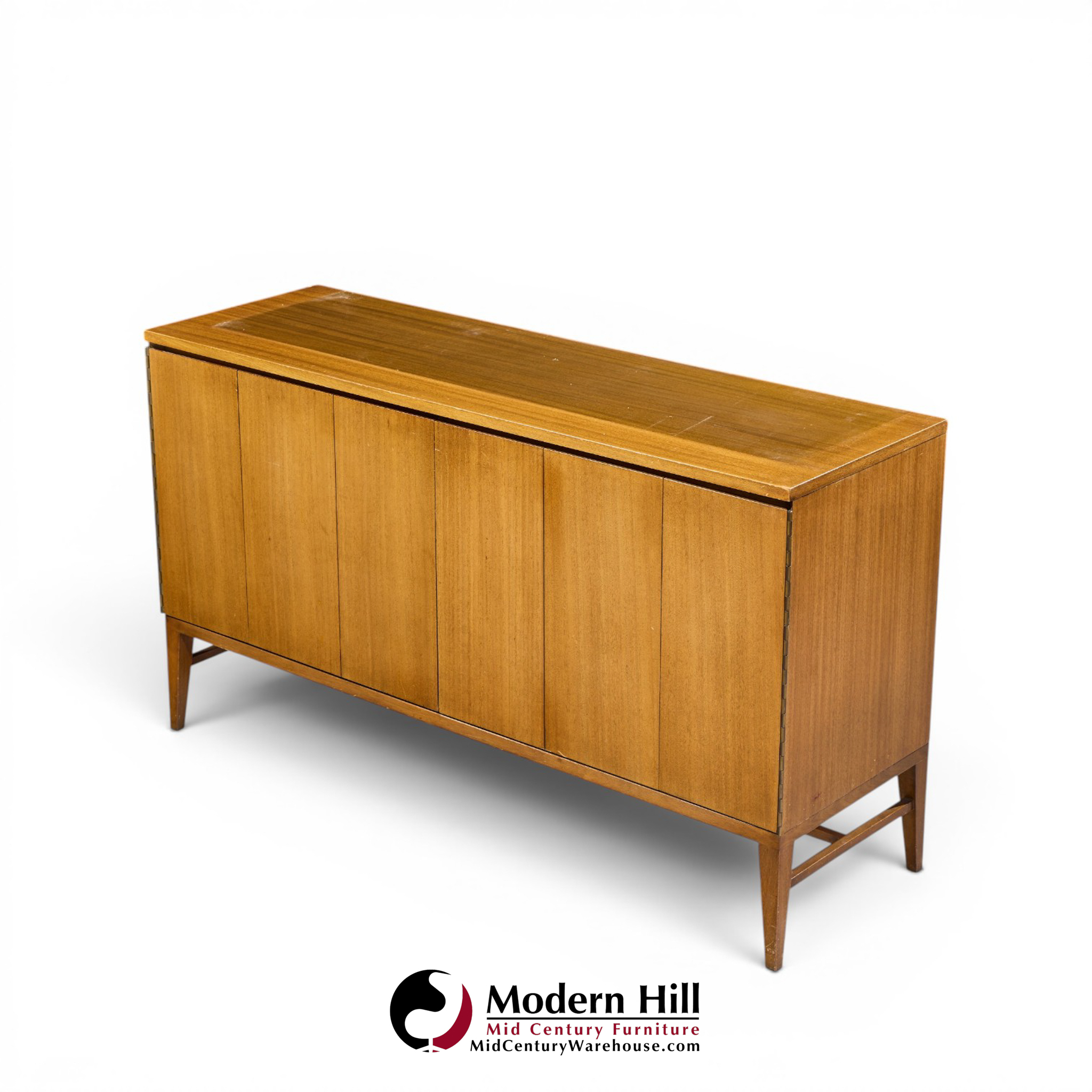 paul mccobb for calvin mid century walnut and brass room divider credenza with hutch