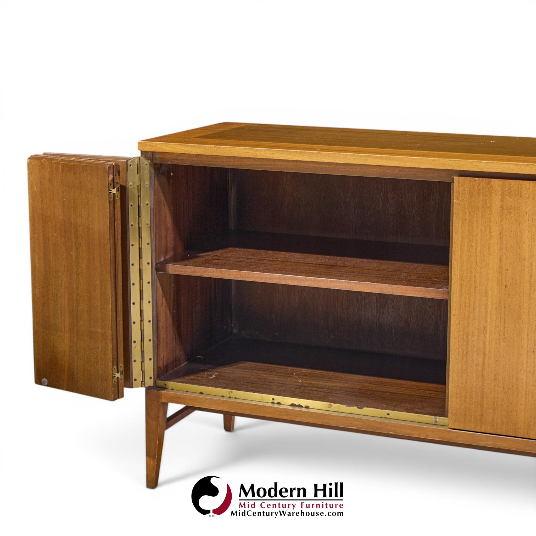 paul mccobb for calvin mid century walnut and brass room divider credenza with hutch