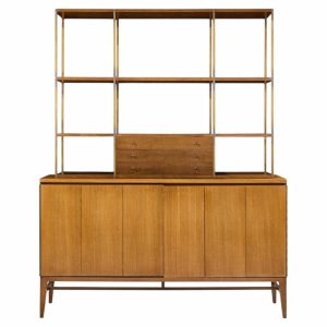 paul mccobb for calvin mid century walnut and brass room divider credenza with hutch