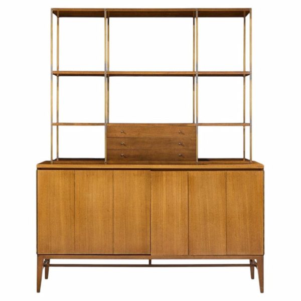 paul mccobb for calvin mid century walnut and brass room divider credenza with hutch