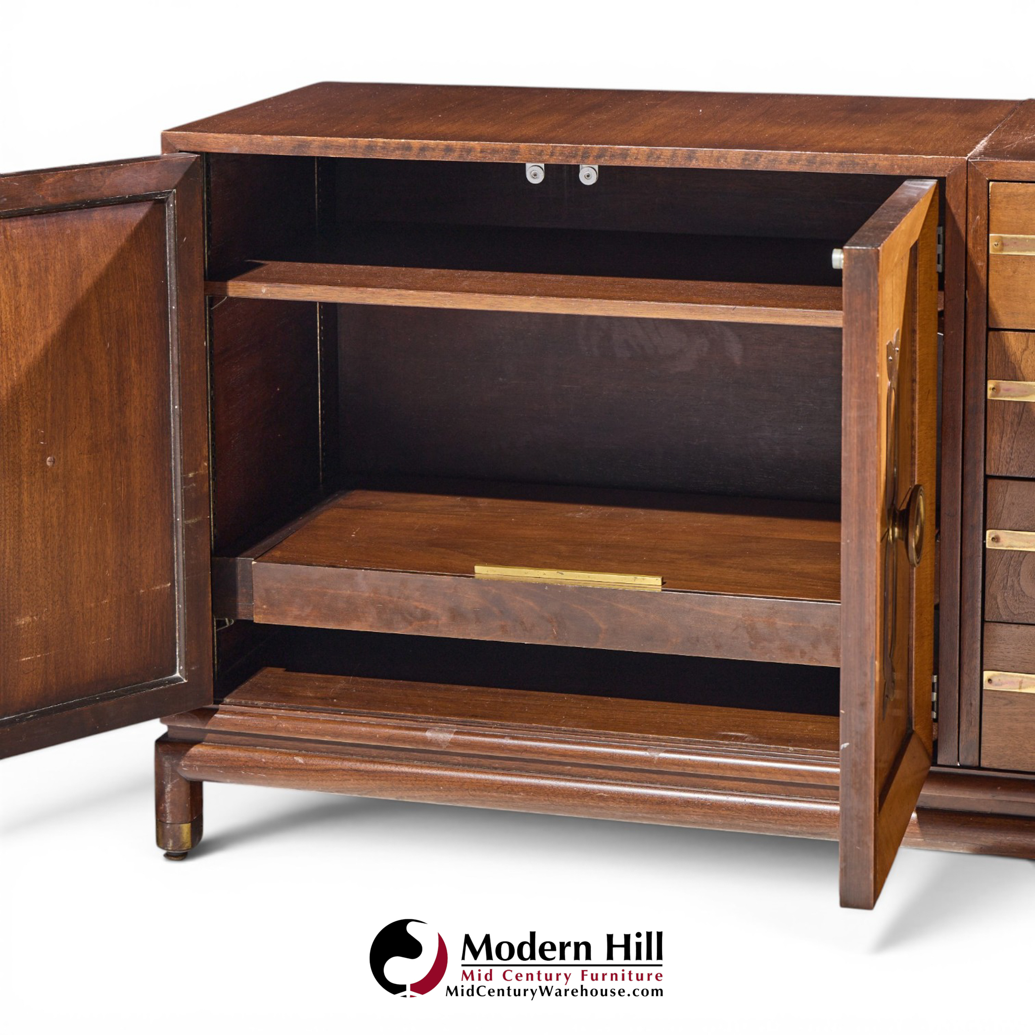 renzo rutili for johnson furniture mid century walnut and brass credenza