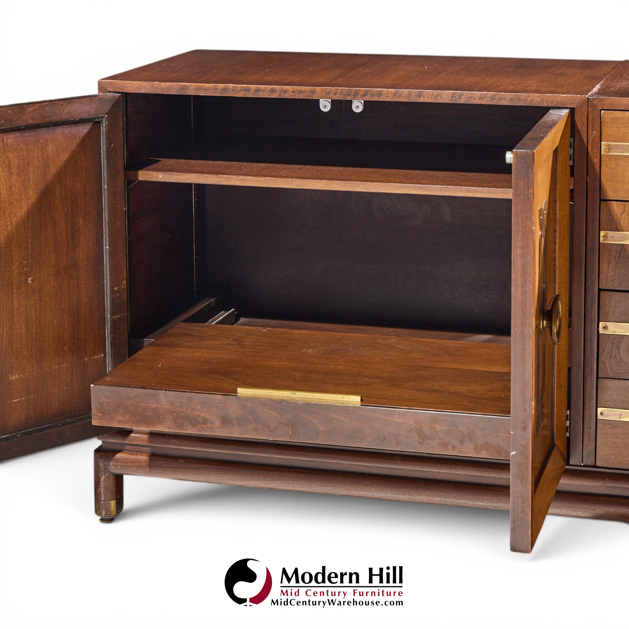 renzo rutili for johnson furniture mid century walnut and brass credenza