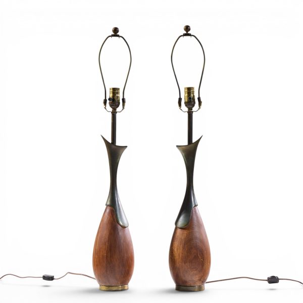 tony paul for westwood industries mid century walnut and brass lamps - pair