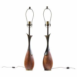 tony paul for westwood industries mid century walnut and brass lamps - pair