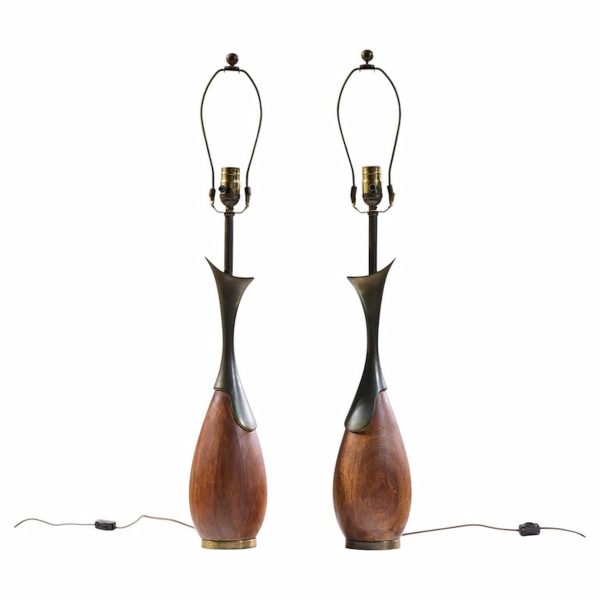 tony paul for westwood industries mid century walnut and brass lamps - pair