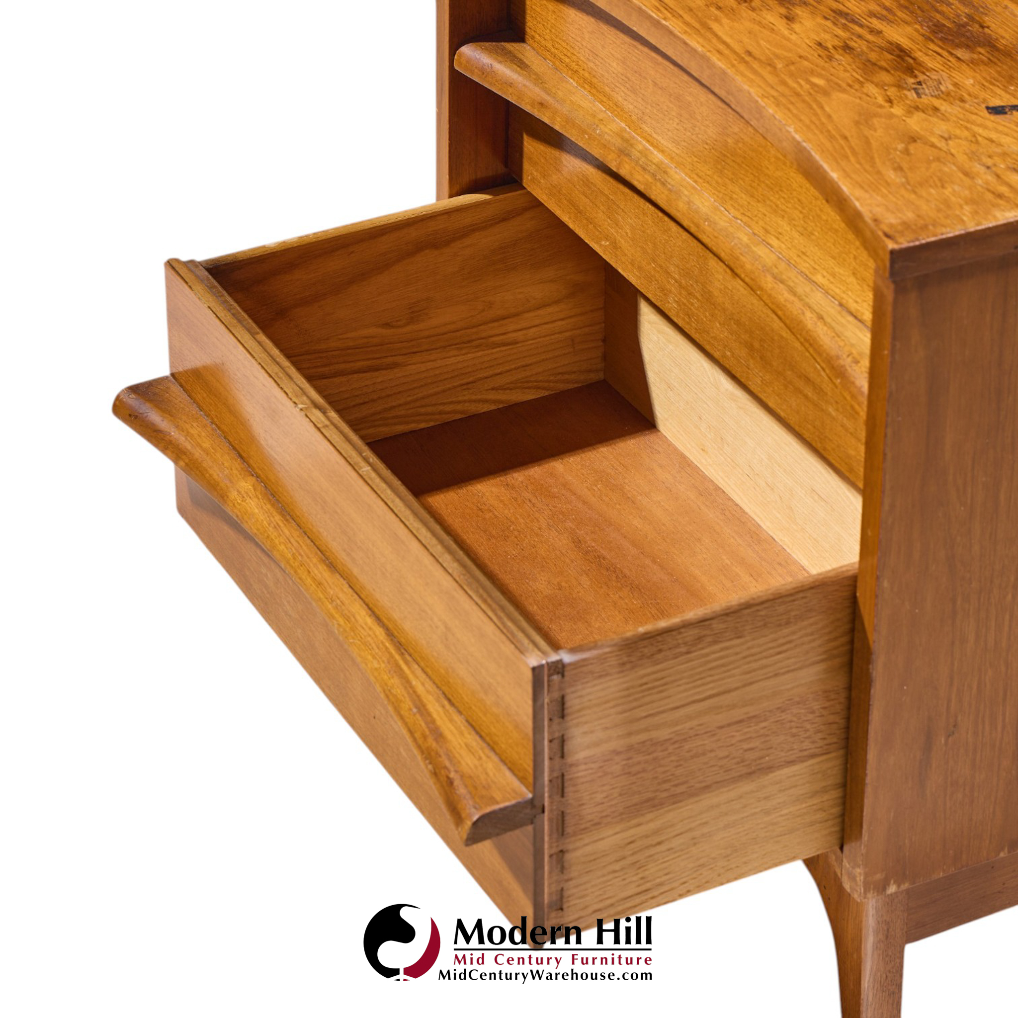 young manufacturing mid century walnut curved front nightstands - pair