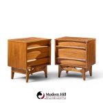 young manufacturing mid century walnut curved front nightstands - pair