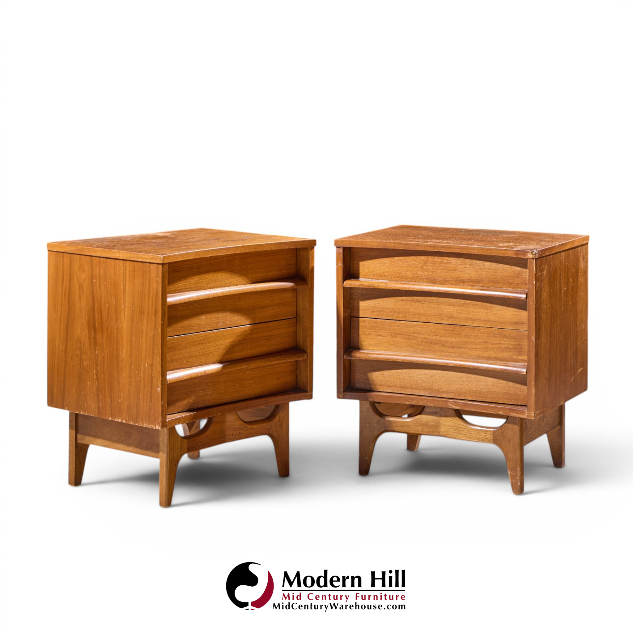 young manufacturing mid century walnut curved front nightstands - pair