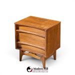 young manufacturing mid century walnut curved front nightstands - pair