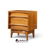 young manufacturing mid century walnut curved front nightstands - pair