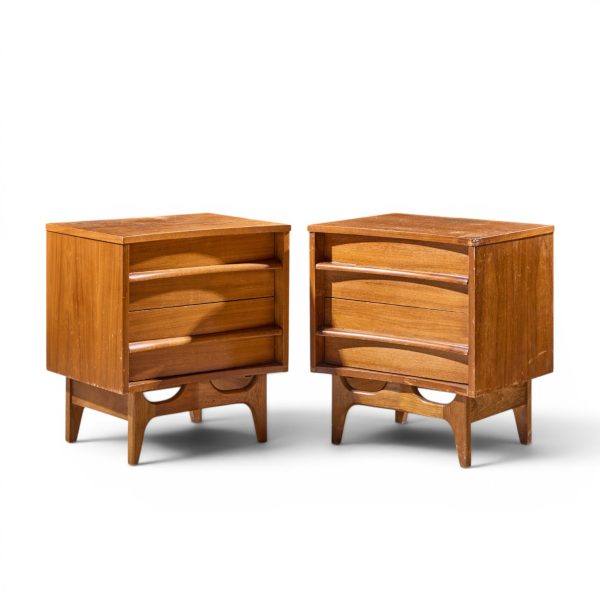 young manufacturing mid century walnut curved front nightstands - pair